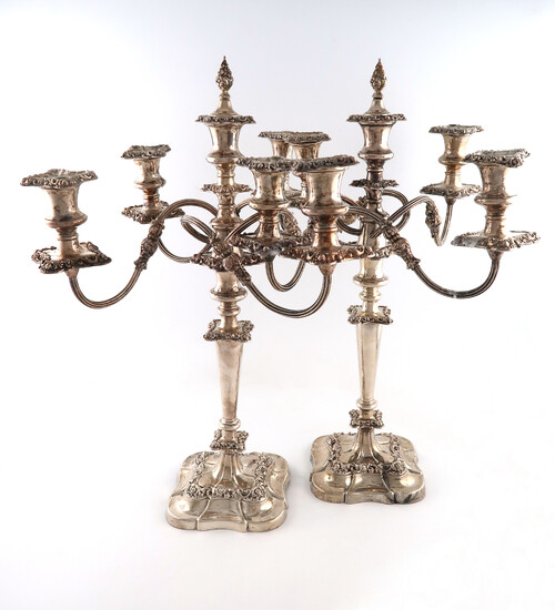 A pair of modern silver five-light candelabra