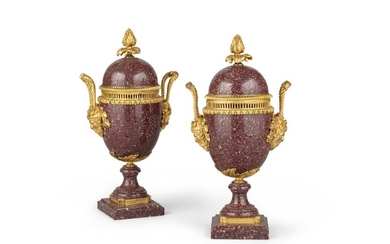 A pair of red Egyptian porphyry and gilt bronze pot-pourri vases, Louis XVI style, late 19th century | Paire de vases pots-pourris en porphyre rouge d'Egypte et bronze doré de style Louis XVI, fin du XIXe siècle