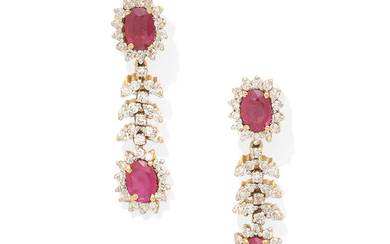 A pair of ruby and diamond ear pendants