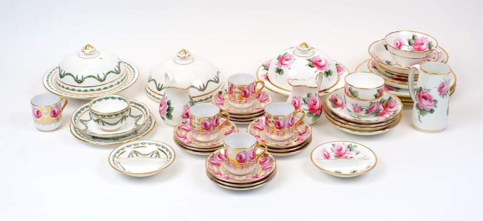A quantity of British porcelain part tea sets retailed by T. Goode & Co., 20th Century, to include: a Hammersley & Co. dish and cover with laurel swag and gilt decoration, 19.5cm diameter, together with a similarly decorated tea bowl and saucer...