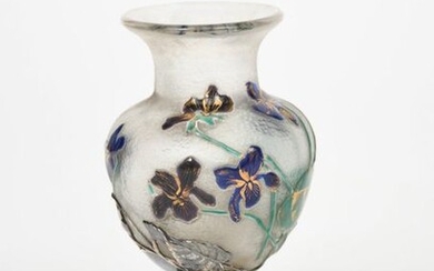 A rare Art Nouveau Guerchet silver mounted enamelled glass vase, baluster form, the silver foot cast in low relief with foliage spray rising to overlay the body with violet flower stems, the glass body enamelled with similar violets in blue and green...