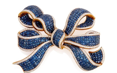 A sapphire and diamond bow brooch