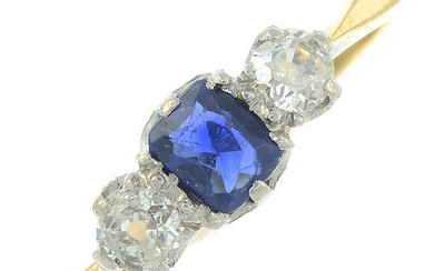A sapphire and old-cut diamond three-stone ring.