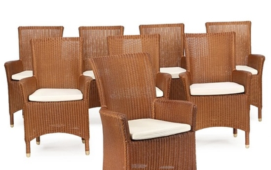 A set of eight Lloyd Loom garden or dining room armchairs with wooden frames. Including cushions. Castle Loom, 21st century.