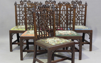 A set of six George III Chinese Chippendale style mahogany dining chairs with carved foliate top rai