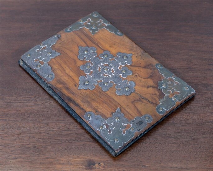 A silver plate and brass bound timber folder/binder, Length 26.5...