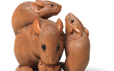 A wood netsuke group of rats