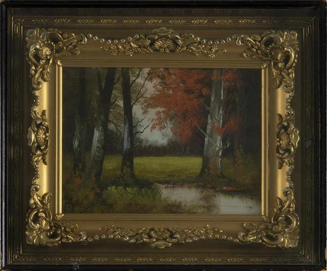 AMERICAN SCHOOL (19th Century,), Landscape with maple tree., Oil on canvas, 9” x 12”.