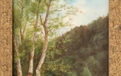 AMERICAN SCHOOL, Late 19th Century, Two figures by a mountain lake., Oil on artist board, 12.25" x 8". Framed 14" x 9.5".