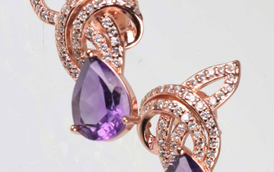 AMETHYST EARRINGS WITH ZIRCONIA, 925 silver, gold-plated.