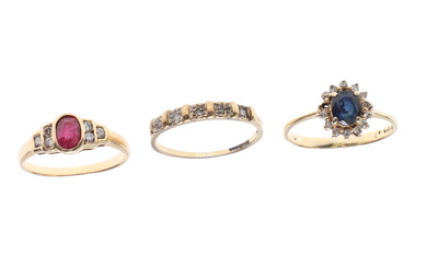 AN 18CT GOLD, RUBY AND DIAMOND RING, A 14CT GOLD RING AND A 9CT GOLD RING.