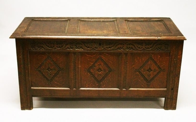 AN 18TH CENTURY OAK COFFER, with triple panelled top