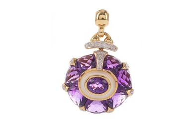 AN AMETHYST, DIAMOND AND MOTHER OF PEARL PENDANT