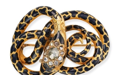 AN ANTIQUE DIAMOND AND ENAMEL SNAKE BROOCH / PENDANT in yellow gold, designed as a coiled snake, ...
