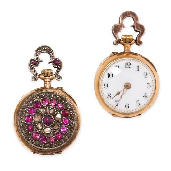 AN ANTIQUE RUBY AND DIAMOND POCKET WATCH in yellow gold