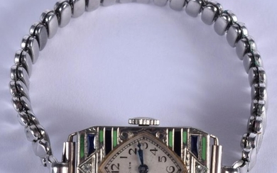 AN ART DECO SILVER AND ENAMEL ELGIN COCKTAIL WATCH.
