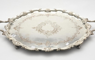 AN IMPRESSIVE 1840S SHEFFIELD PLATED TWO HANDLED SERVING TRAY, 68.5 CM LONG ACROSS THE HANDLES, 46 CM WIDE