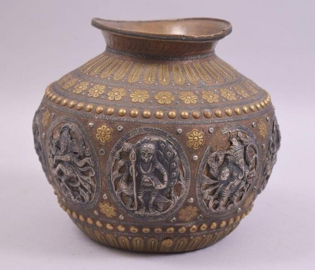 AN INDIAN COPPER BOWL, with applied silver and brass
