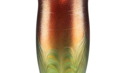 AN IRIDESCENT STUDIO GLASS VASE, of baluster form with