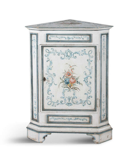 AN ITALIAN WHITE PAINTED TIMBER CORNER CUPBOARD, hand-painted...