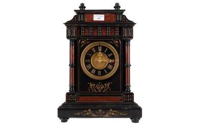 AN UNUSUAL VICTORIAN BLACK SLATE AND ROUGE MARBLE MANTEL CLOCK