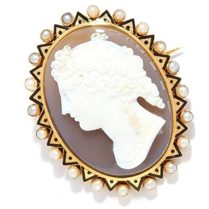 ANTIQUE CARVED CAMEO, PEARL AND ENAMEL BROOCH in high
