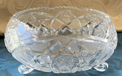 ANTIQUE CUT CRYSTAL 9.5" ROUNDED 3 FOOTED BOWL