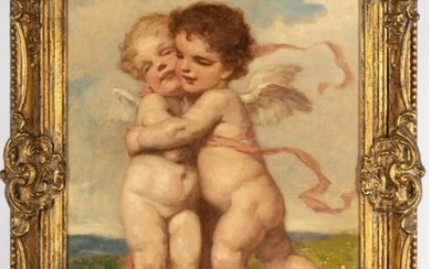 ANTIQUE OIL ON CANVAS PAINTING OF TWO CHERUBS
