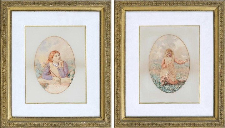 ATTRIBUTED TO ALBERT BIERSTADT, New York/California/Massachusetts/Kansas/Germany, 1830-1902, Pair of portraits of young girls., Wate...