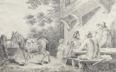 After George Morland, British 1763-1804- Conversation; pencil on paper, after the print by Edward Orme, 31.3 x 45.3 cm. (unframed)
