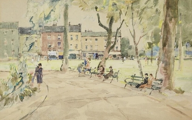 Allan Douglass Mainds RSA, Scottish 1881-1945- A town square; watercolour on paper, signed lower right 'A. D. Mainds', 36 x 54 cm