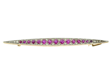 An Art Deco platinum and gold, synthetic ruby and diamond point bar brooch.