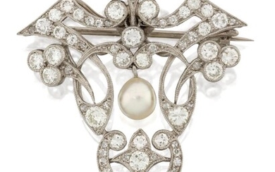 An Art Nouveau, platinum, diamond and pearl brooch/pendant, the triangular shaped openwork panel of flowing foliate design, set throughout with brilliant-cut diamonds and two central pearl drops, (pendant loop deficient), c.1910, detachable brooch...