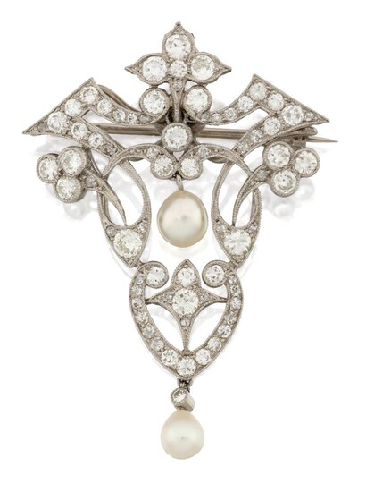 An Art Nouveau, platinum, diamond and pearl brooch/pendant, the triangular shaped openwork panel of flowing foliate design, set throughout with brilliant-cut diamonds and two central pearl drops, (pendant loop deficient), c.1910, detachable brooch...