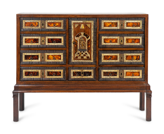 An Italian Inlaid Walnut and Mahogany Cabinet on Later Stand