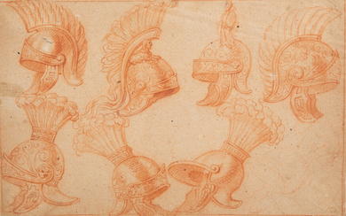 An Italian Sanguine Drawing on Paper, Depicting Armature and Helmets