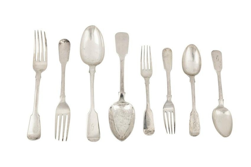 An assembled George III and later sterling silver table service of flatware / canteen