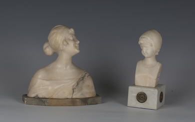An early 20th century Continental carved alabaster head and shoulders portrait bust of a young lady