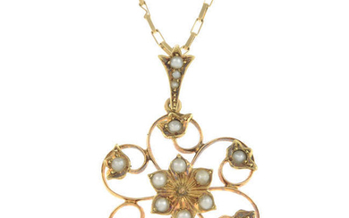 An early 20th century gold split pearl floral pendant, with 9ct gold chain.