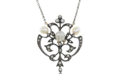 An early 20th century silver and gold, pearl and diamond pendant necklace.