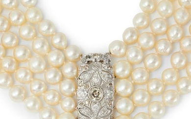 A cultured pearl necklace, with a diamond clasp.