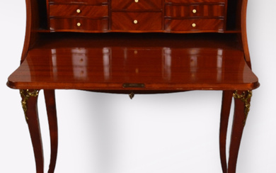 An oblique flap secretary, Rococo style, mahogany with intarsia, 20th century.