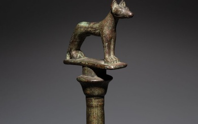 Ancient Egyptian Bronze God Wepwawet - Upuaut scepter terminal. Late Period, 626 - 323 BC. 17,5 cm H.