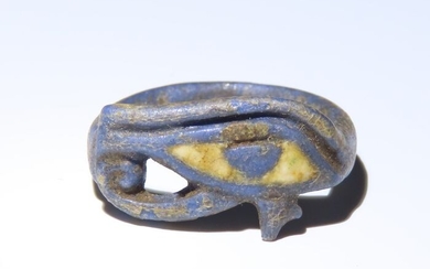 Ancient Egyptian Faience Bicolor blue and white finger ring, Wadjet- eye.22 mm
