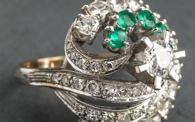 Antique 18K/14K White Gold Diamond & Emerald Ring