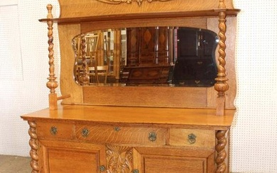 Antique 2pc oak mirror back buffet with applied carvings