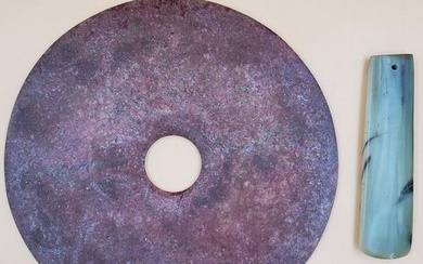Antique Chinese Hardstone Jade Bi Disc & Jade Axe Pendant