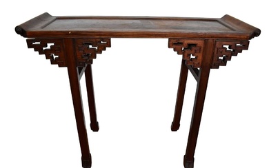 Antique Chinese hardwood altar table, the dished top with scrolled ends, raised on angular pierced brackets and square supports