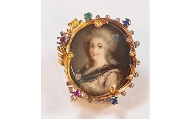 Antique French brooch with miniature painting. From approximately 1850-1870. A young lady dressed in