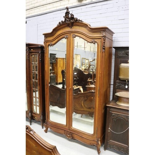 Antique French walnut mirrored Louis XV style two door armo...